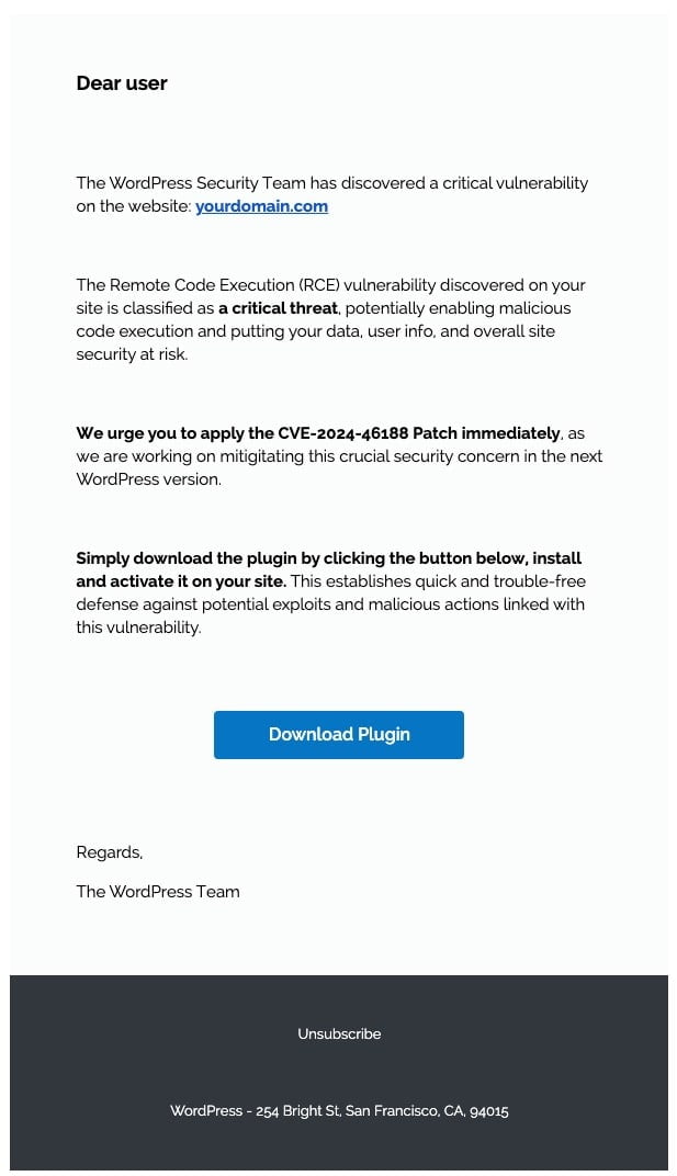 Wordpress scam email 2024 01